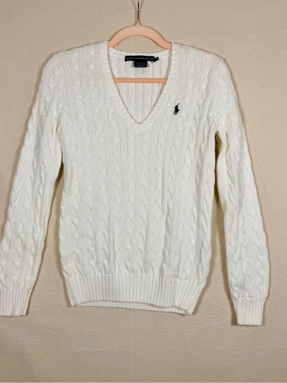Ralph Lauren Sport White Cable‑Knit V‑Neck Sweater